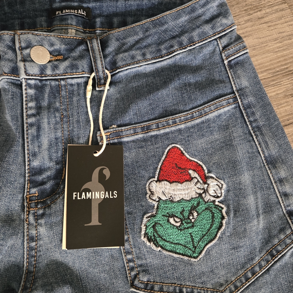 Grinch Embroidered Blue Women’s Jeans - Picture 3 of 6